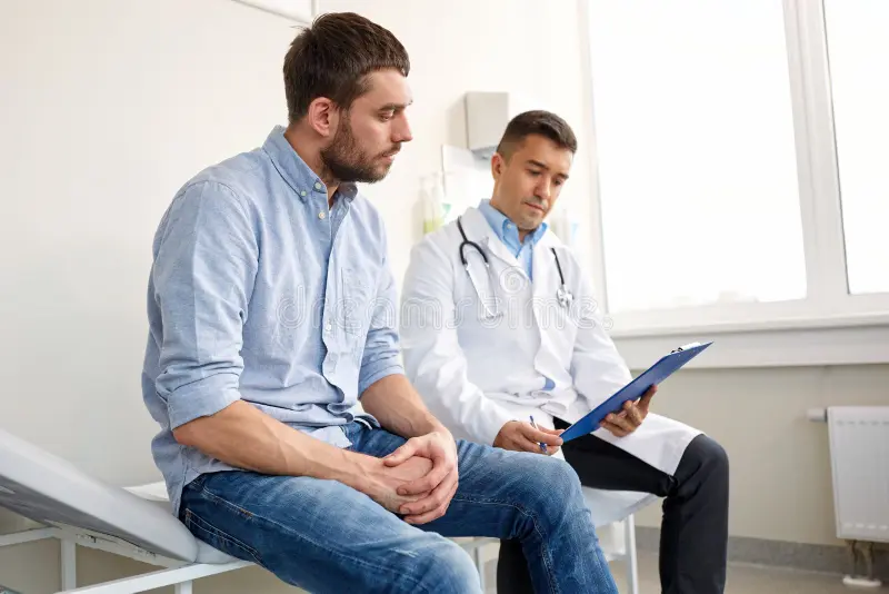 doctor man health problem hospital medicine healthcare people concept clipboard young male patient having meeting 104550599
