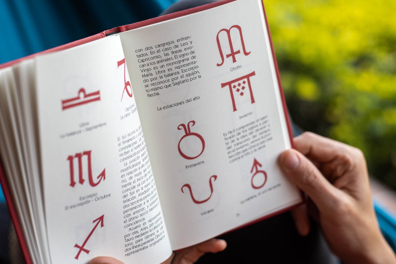 Crafting Captivating Headlines: Your awesome post title goes here Open book displaying zodiac symbols and seasonal descriptions being held by hands.